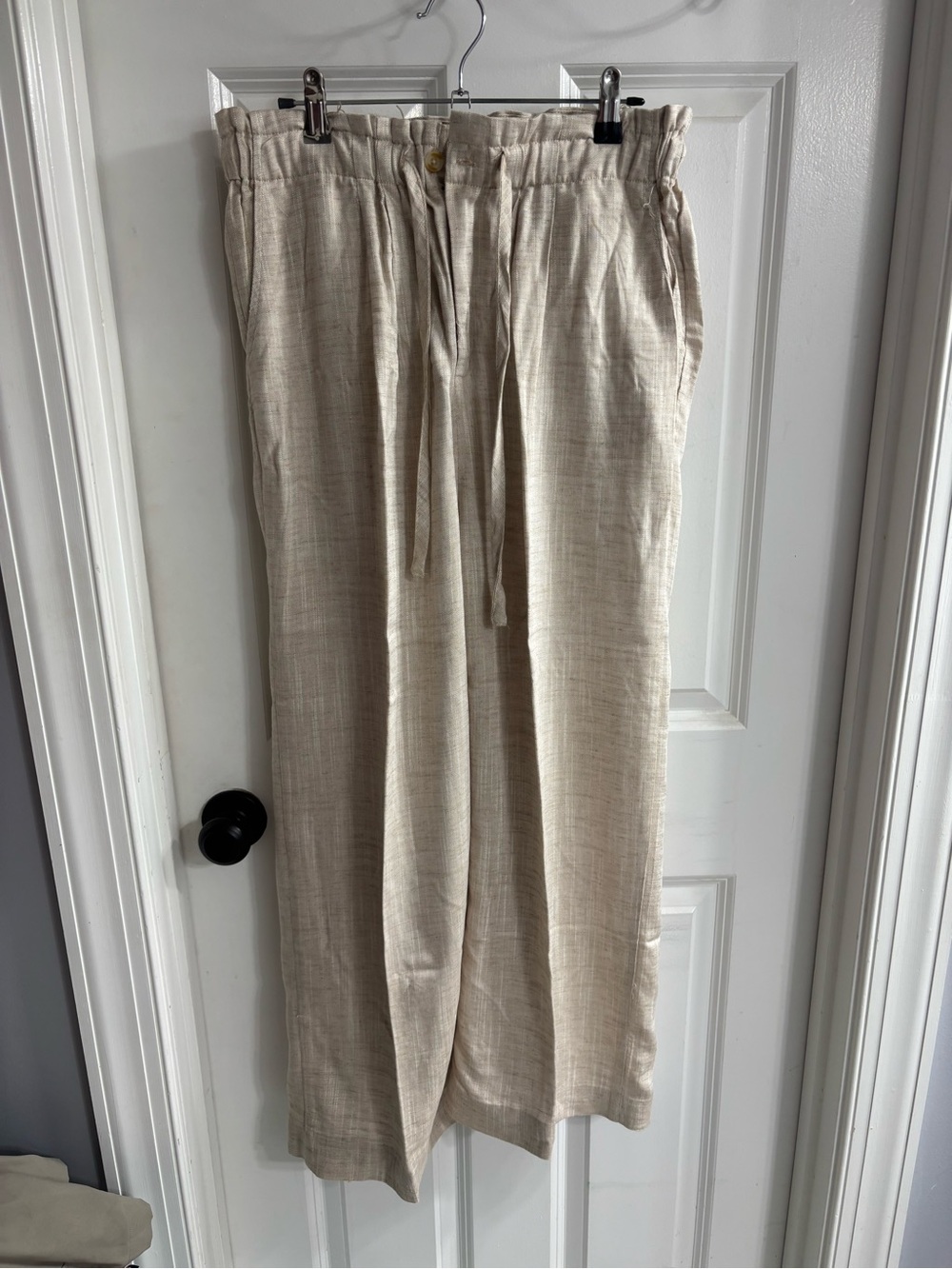 Wide Leg Drawstring Linen-Blend Pants in Beige